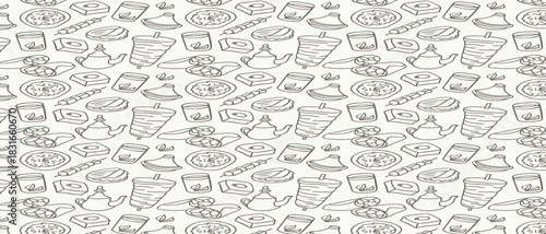 Shawarma Kebab pattern fast food. Seamless pattern. Concept of doner kebab, street food, barbecue, cuisine. Vintage design template, banner. Fresh vegetables. Vector hand drawn sketch illustration.