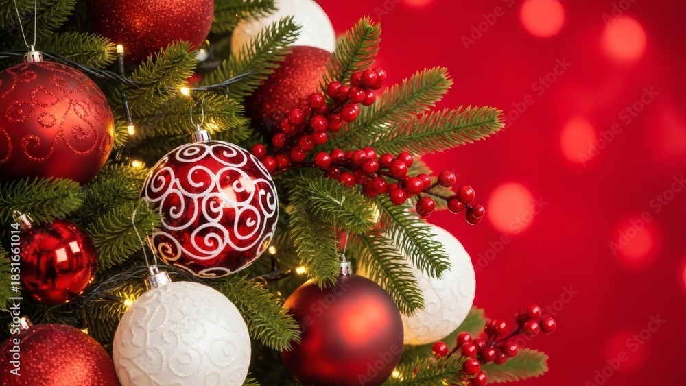 custom made wallpaper toronto digitalFestive Holiday Ornamented Xmas Tree Branches on Red Bokeh Background.