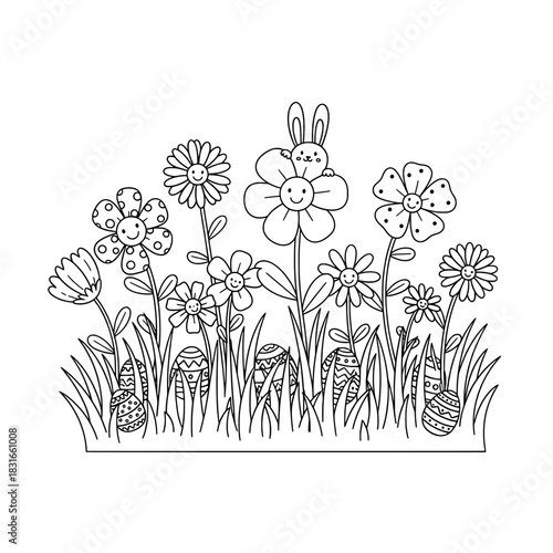 Easter Garden Scene with Flowers Bunny and Eggs Coloring Page.