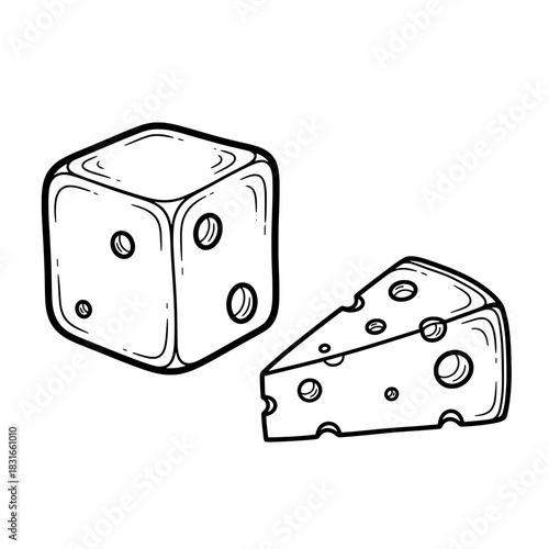 Illustration of a Dice and a Piece of Cheese.