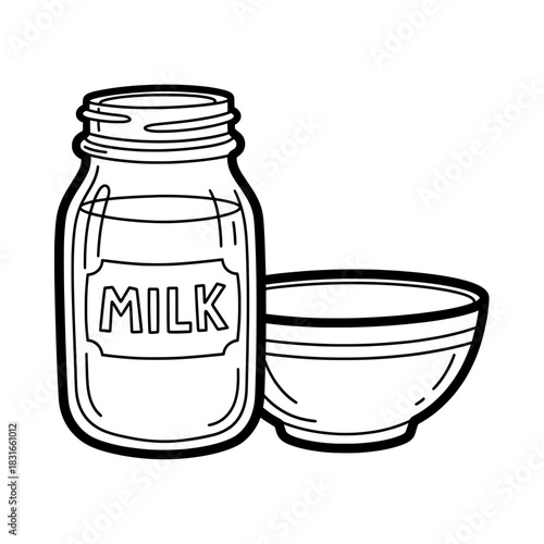 Illustration of Milk Bottle and Bowl Outline.