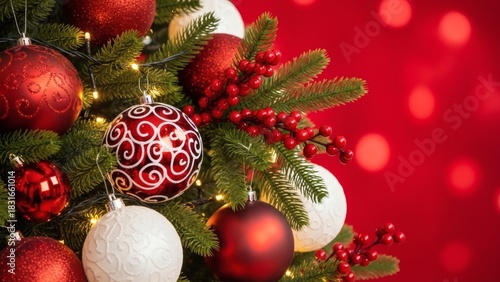 Wallpaper Mural Festive Holiday Ornamented Xmas Tree Branches on Red Bokeh Background. Torontodigital.ca