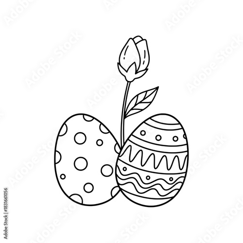 Easter Eggs and Flower Bud A Simple Line Art Illustration.