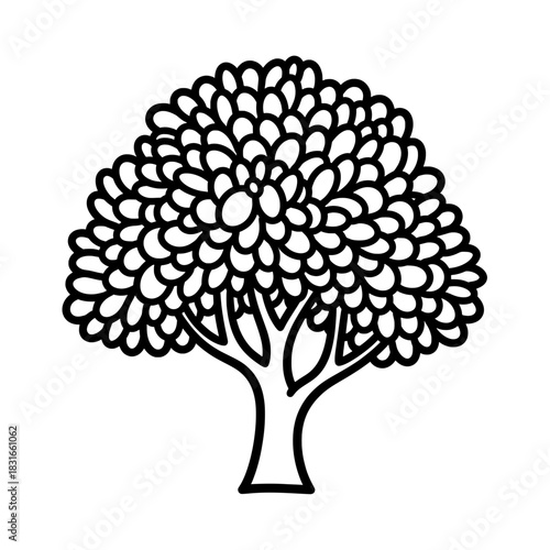 Stylized Tree Illustration with Dense Foliage and Bold Outlines.