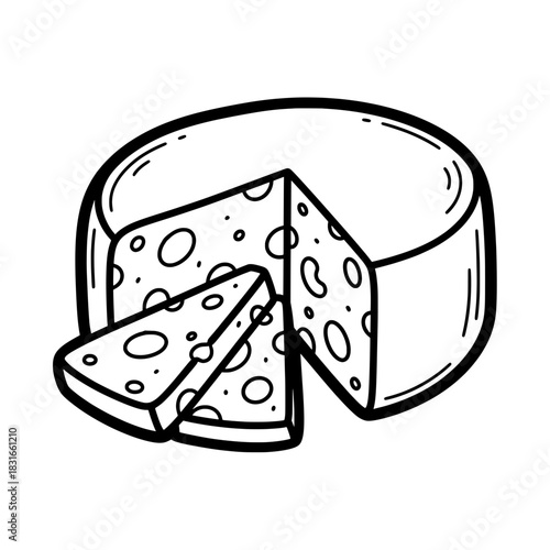 HandDrawn Cheese Wheel with Slices Black and White Illustration.