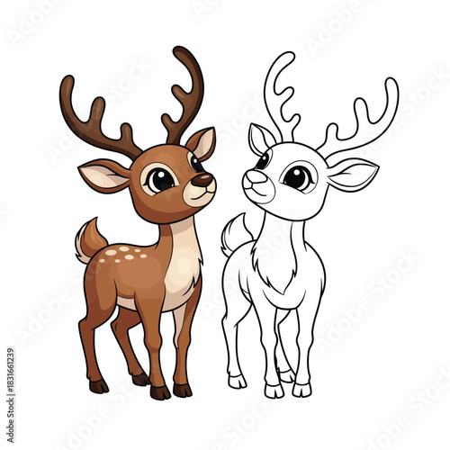 Cute cartoon deer with large eyes and antlers shown in full color and as a black and white line art coloring page.