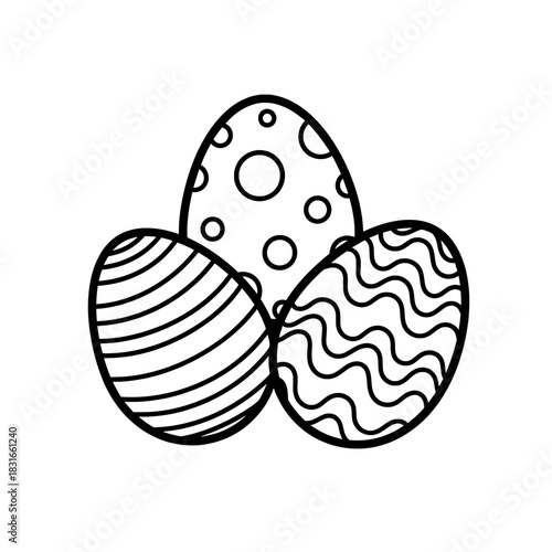 Three Decorated Easter Eggs in Black and White Outline.