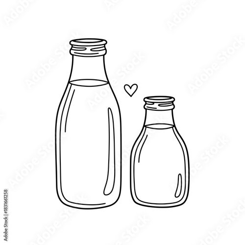 Two Milk Bottles with Heart Black and White Line Art.