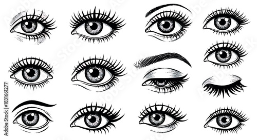 Elegant Hand Drawn Eyes, Eyelashes, and Eyebrows Vector Set - Beauty Sketch Illustration