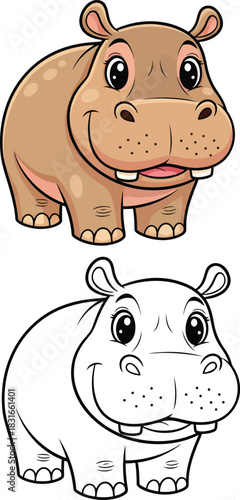 Cute cartoon hippopotamus character set featuring a friendly smiling hippo in full color and a black and white line art version.