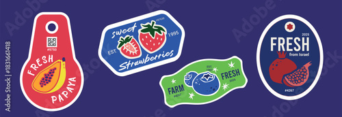 Farm fresh friuts and berries brand labels. Pomegranate and blueberry illustrated vector set
