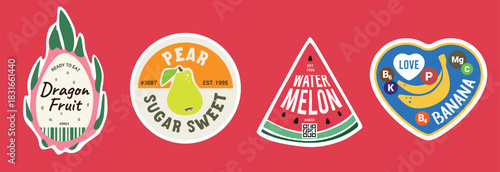 Tropical fruits produce labels. Dragon fruit pear watermelon and banana