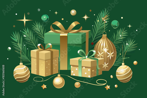 Luxury Christmas Gift Box Flat Lay with Golden Decorations on Green Background.