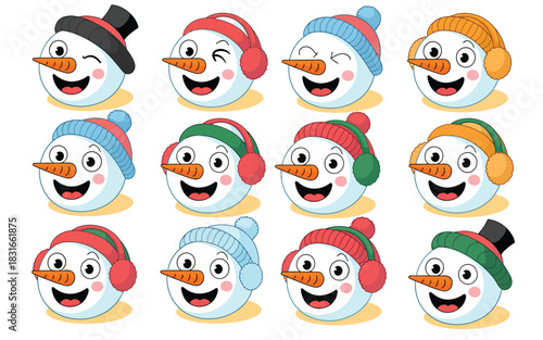 Collection of happy cartoon snowmen with colorful winter hats and earmuffs
