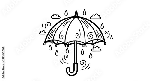 A whimsical illustration of an umbrella surrounded by raindrops and clouds, symbolizing rain