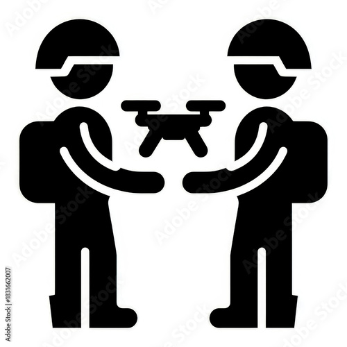 Soldiers inspect a combat drone in field conditions on white background. Drone analysis.