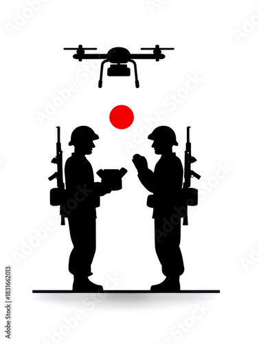 Soldiers exchange a drone controller on white background. Equipment handover.