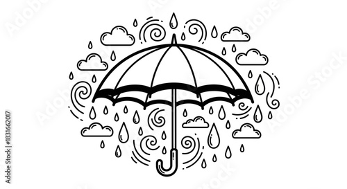 Black and white illustration of an umbrella surrounded by raindrops and clouds, symbolizing weather