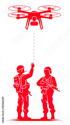 Soldiers control a drone with active signal on white background. Drone control.