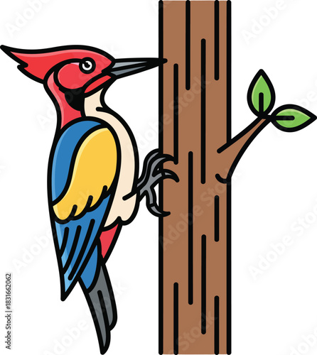 Stylized cartoon woodpecker with a red crest and blue wings clinging to a tree trunk.