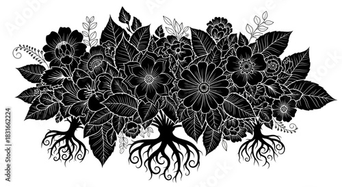 Intricate black silhouette of flowers and roots illustrating nature's beauty and growth