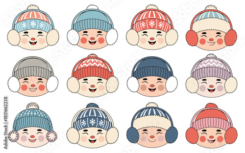 Collection of happy diverse cartoon children faces wearing winter hats and earmuffs