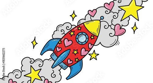 Colorful rocket ship soaring through space, surrounded by hearts and stars, conveying joy