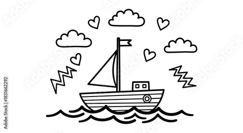 A whimsical illustration of a sailboat navigating through wavy waters under a cloudy sky