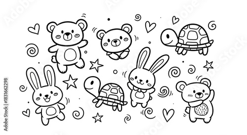 Cute cartoon animals including bears, bunnies, and turtles surrounded by playful hearts and stars