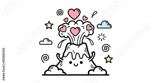 Cute cartoon volcano erupting with hearts and whimsical clouds in a playful landscape