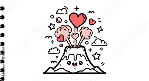Cute cartoon volcano erupting with hearts and smoke against a whimsical background