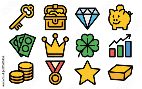 Collection of colorful cartoon icons representing luck wealth and success