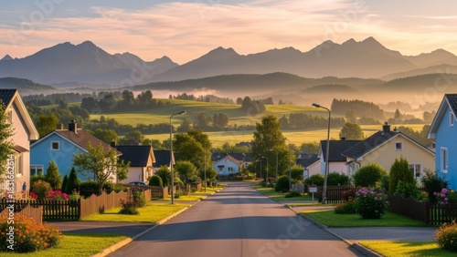 A serene neighborhood street leads towards distant mountains under a warm, golden sunrise.