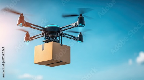 Delivery drone flying through blue sky carrying cardboard package for aerial transport