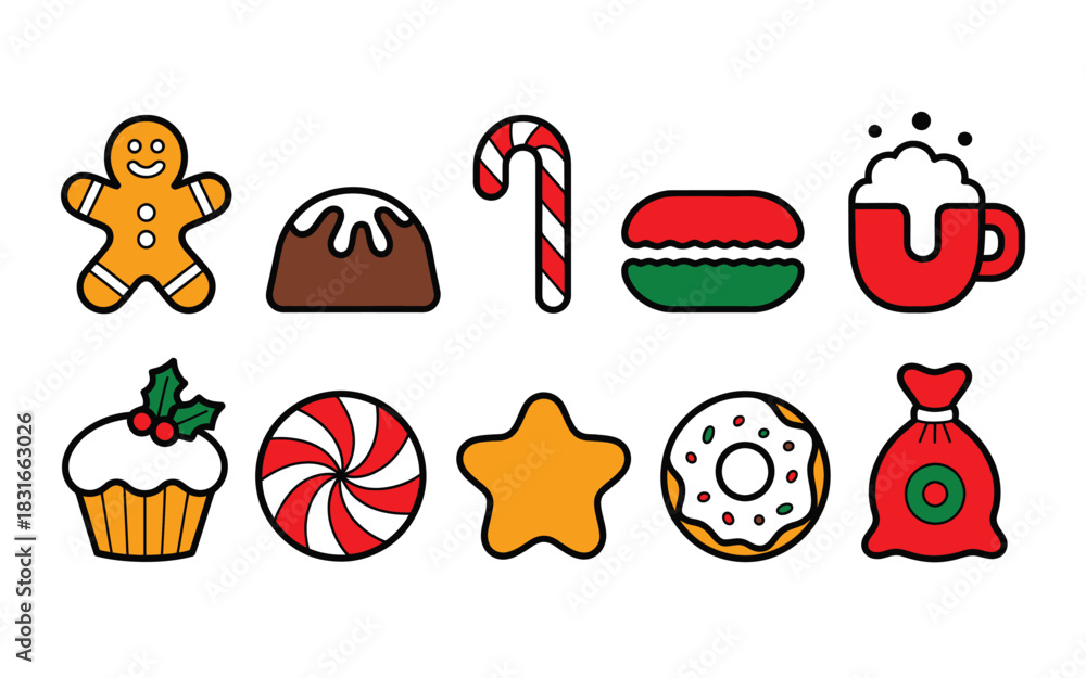 Fototapeta premium Collection of cartoon christmas treats and sweets in a row