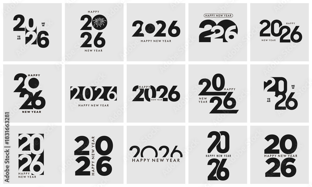Fototapeta premium Modern and minimalist collection of 2026 New Year logotypes and typography designs, perfect for banners, greeting cards, and event posters.