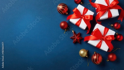 Christmas gifts and ornaments on blue background presents