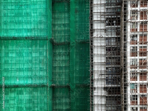 Bamboo scaffolding with building under construction with scaffolding, Hongkong Construction Safety, bamboo sticks