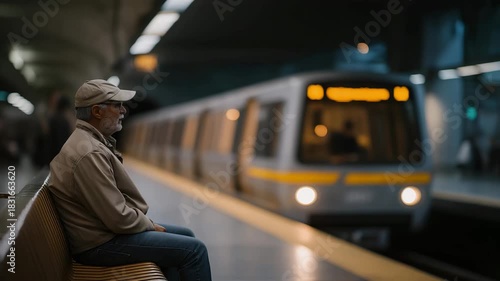 A solitary commuter waiting on a dimly lit platform late at night as the warm lights of an approaching train illuminate the tunnel — atmospheric underground mood, urban isolation, and cinematic