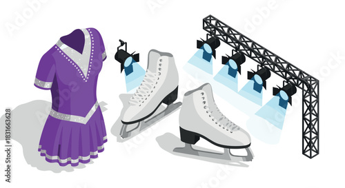 Isometric figure skating elements dress, skates, and stage lights for performance art