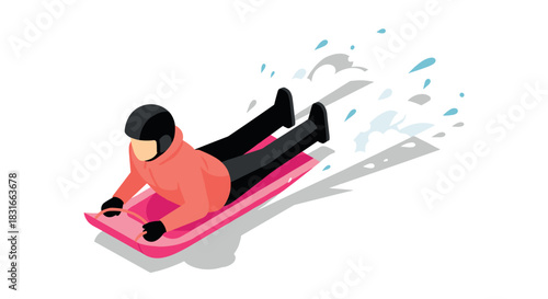 Isometric winter sledding adventure with pink sled and snow splash