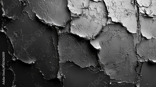 A detailed close-up showcases a rough, textured surface reminiscent of weathered concrete or stone. The monochromatic palette highlights the material?s unevenness and stark contrasts.