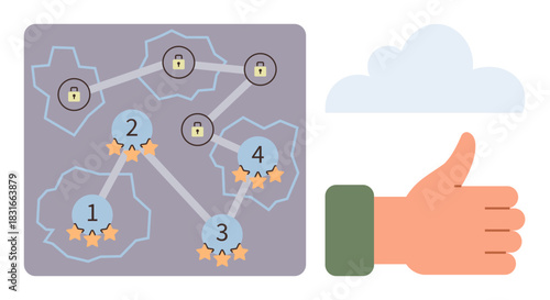 Game map with numbered progress points, interconnected paths, locked levels, rating stars, and a hand giving a thumbs-up. Ideal for gaming, strategy, progress, achievement goals success