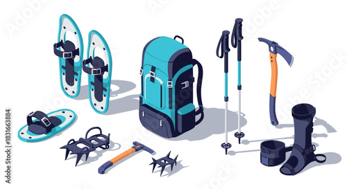 Isometric winter hiking equipment with backpack, snowshoes, and ice climbing tools