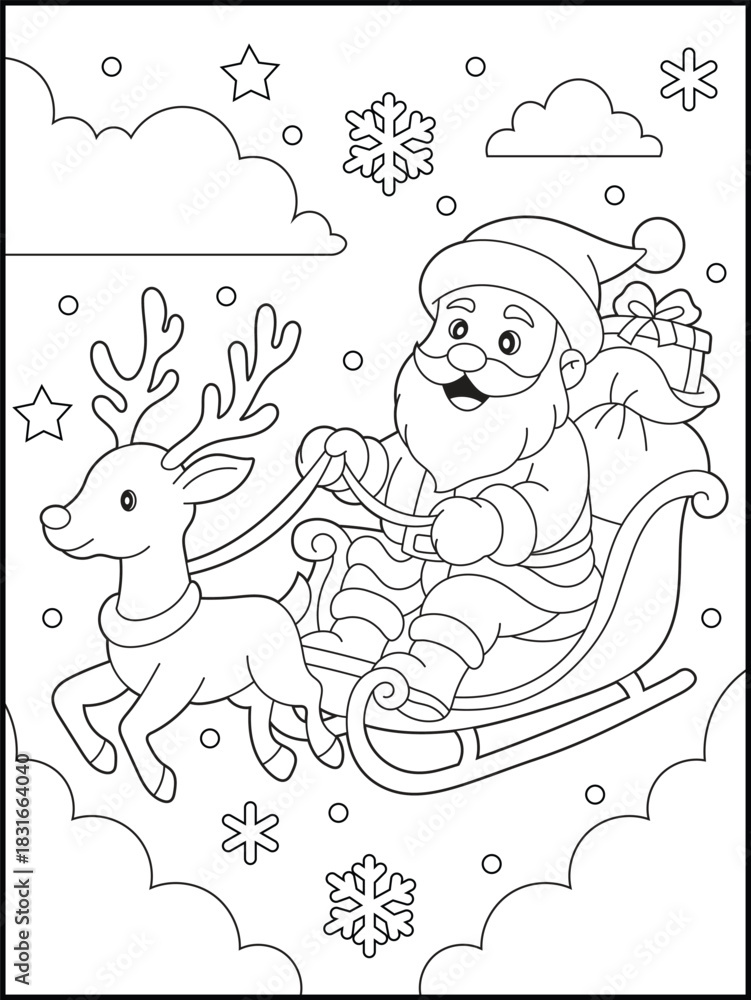 Fototapeta premium Festive Holiday Illustration of a Santa Claus Riding a Sleigh Pulled by a Reindeer. Cute Christmas Coloring Page for Kids and Adults.