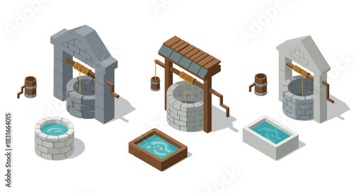 Isometric water wells and buckets set with stone structures in detailed 3d art style