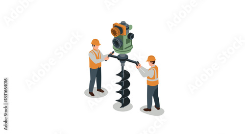 Teamwork in construction workers using total station and drill