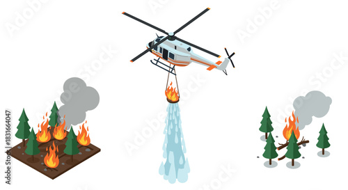 Helicopter extinguishing forest fire with water in isometric style scene