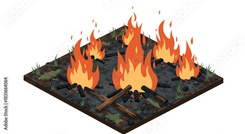 Isometric campfire scene with burning logs and grass patches on charred ground