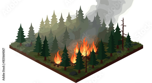 Isometric forest on fire with burning flames and smoke rising from trees